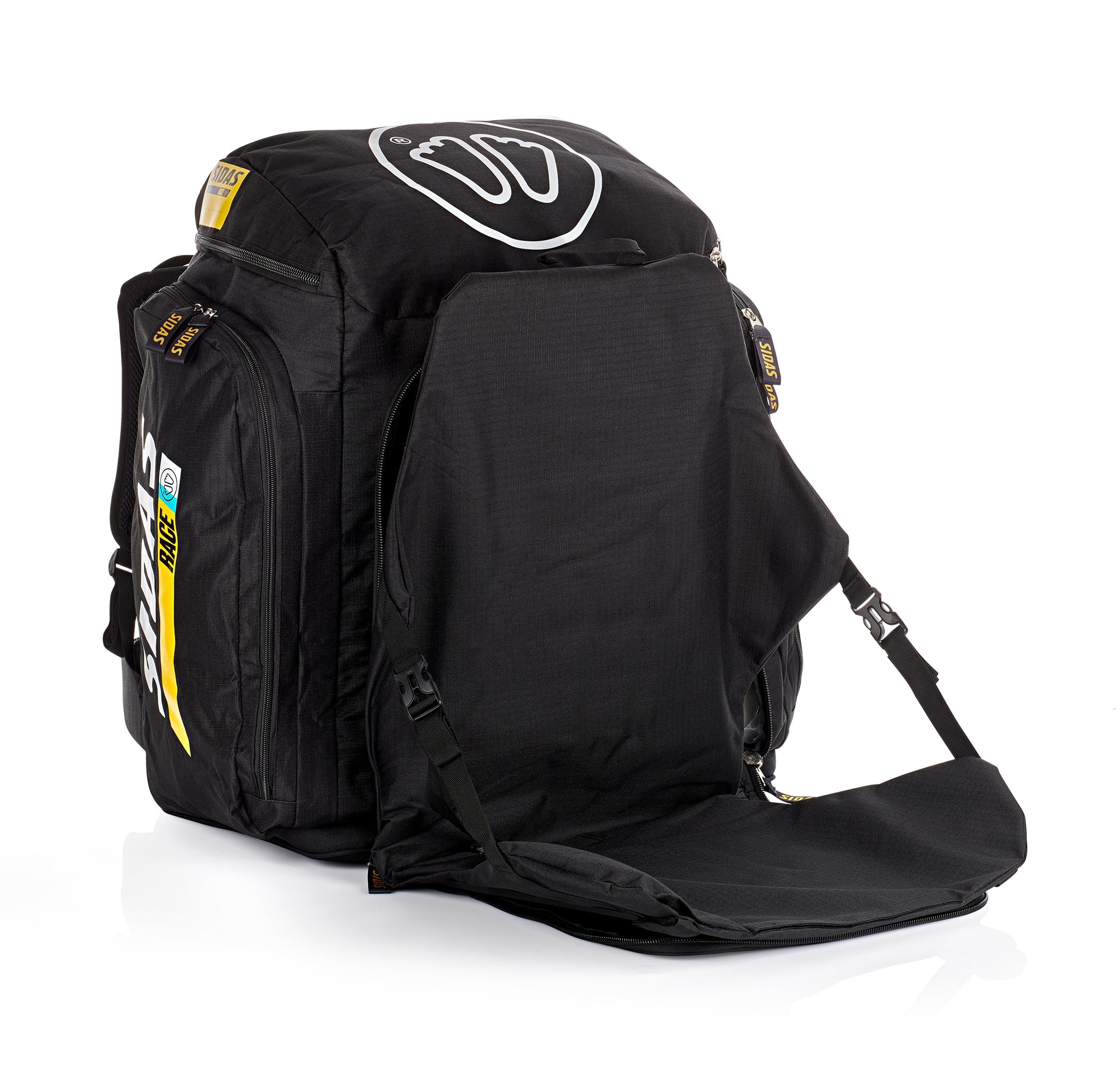 Sidas Race Bag 90L mit integrierter Sitzfläche – funktionaler Ski-Rucksack mit ausklappbarer Sitzmatte zum bequemen Umziehen auf der Piste, ideal für Rennläufer und Skisport-Enthusiasten.