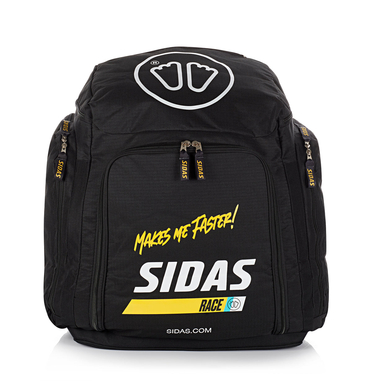Sidas Race Bag 90L in Vorderansicht – robuster Skirucksack mit großem Hauptfach, auffälligem SIDAS-Logo und Slogan ‚Makes me faster!‘, perfekt für professionelle Skirennläufer und Wintersportfans.