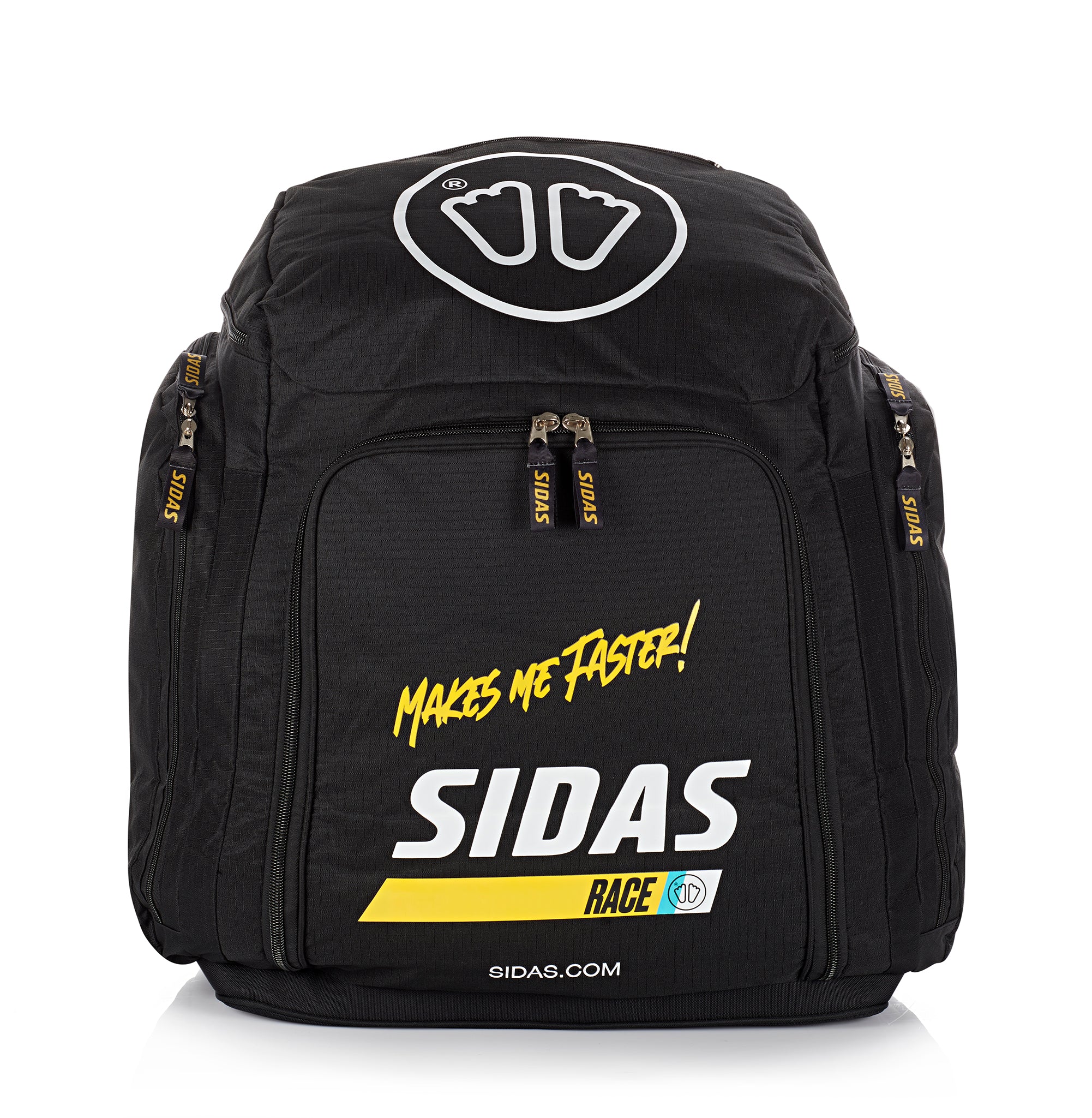 Sidas Race Bag 90L in Vorderansicht – robuster Skirucksack mit großem Hauptfach, auffälligem SIDAS-Logo und Slogan ‚Makes me faster!‘, perfekt für professionelle Skirennläufer und Wintersportfans.