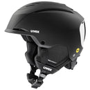 Der Uvex Resolution Mips 2026/2027 Skihelm von Uvex ist schwarz mit Ohrenschutz, Kinnriemen, Belüftungsschlitzen und einem gelben MIPS-Sicherheitssystem-Logo an der Seite, das auf weißem Hintergrund abgebildet ist.