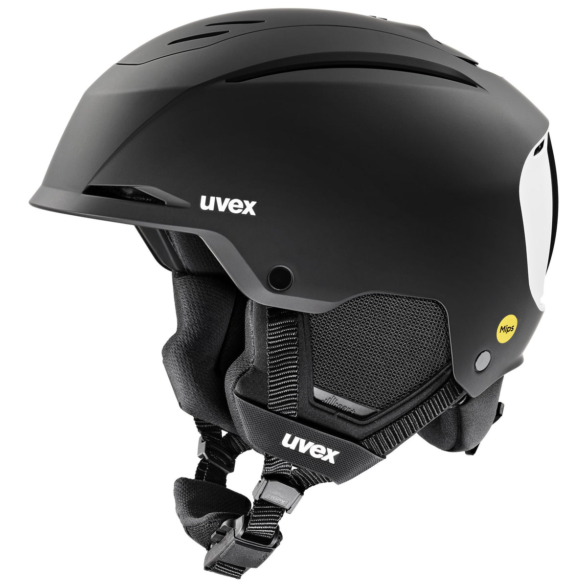 Der Uvex Resolution Mips 2026/2027 Skihelm von Uvex ist schwarz mit Ohrenschutz, Kinnriemen, Belüftungsschlitzen und einem gelben MIPS-Sicherheitssystem-Logo an der Seite, das auf weißem Hintergrund abgebildet ist.