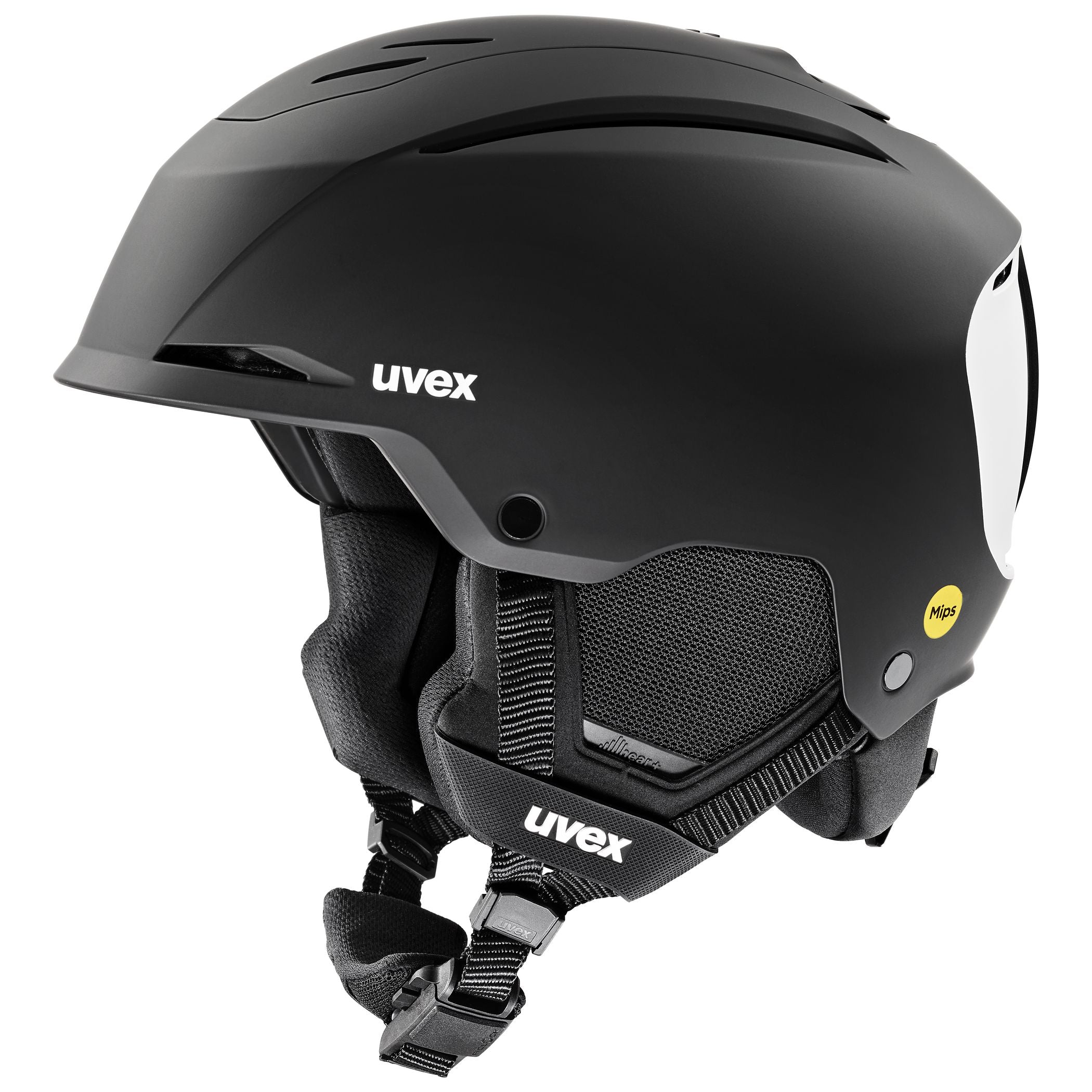 Der Uvex Resolution Mips 2026/2027 Skihelm von Uvex ist schwarz mit Ohrenschutz, Kinnriemen, Belüftungsschlitzen und einem gelben MIPS-Sicherheitssystem-Logo an der Seite, das auf weißem Hintergrund abgebildet ist.