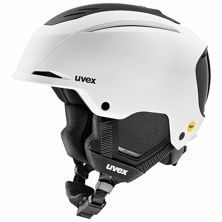 Der Uvex Resolution Mips 2026/2027 ist ein weiß-schwarzer Skihelm mit Ohrenschutz, Kinnriemen, Belüftungsöffnungen und dem MIPS-Sicherheitslogo an der Seite für mehr Sicherheit.