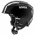 Der Uvex Resolution SL schwarz 2026/2027 Skihelm von Uvex verfügt über ein glänzendes schwarzes Finish, weiße Zierakzente und einen Kinnriemen mit Verschluss, ideal für den Sport- oder Schutzgebrauch.