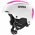 Der Uvex Resolution SL weiß-pink 2026/2027 ist ein weißer Uvex-Sporthelm mit schwarzer Innenpolsterung, schwarzem Kinnriemen und pinkfarbenen Akzenten auf der Ober- und Rückseite.