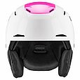 Der Uvex Resolution SL weiß-pink 2026/2027 Skihelm für Damen von Uvex ist weiß mit schwarzen Ohrpolstern und einem rosa Akzent auf der Oberseite, von vorne gesehen.