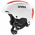 Der Uvex Resolution SL weiß-elect rot 2026/2027 von Uvex ist ein weißer Ski- oder Slalomhelm mit roten Akzenten, schwarzer Polsterung, Ohrenschutz und einem verstellbaren Kinnriemen.