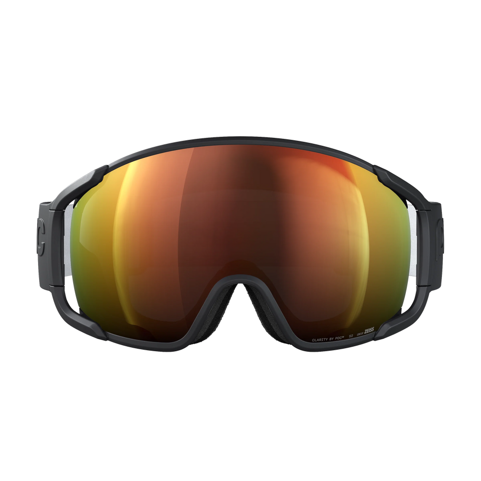 POC Zonula Uranium Black – Frontansicht mit orange reflektierender Clarity-Scheibe.