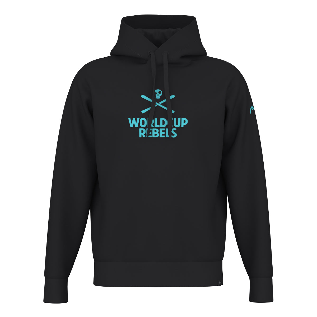 HEAD RACE Hoodie Junior in Schwarz mit türkisfarbenem World Cup Rebels Logo – sportlicher Kinder-Kapuzenpullover für Ski- und Freizeit.