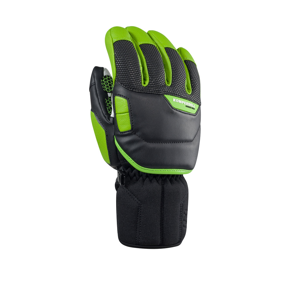 Komperdell Racing Glove Junior – ergonomisch geformter Kinder-Skihandschuh in Grün und Schwarz mit Fingerdesign, stoßfesten Protektoren und griffiger Innenhand für maximalen Halt beim Skifahren.
