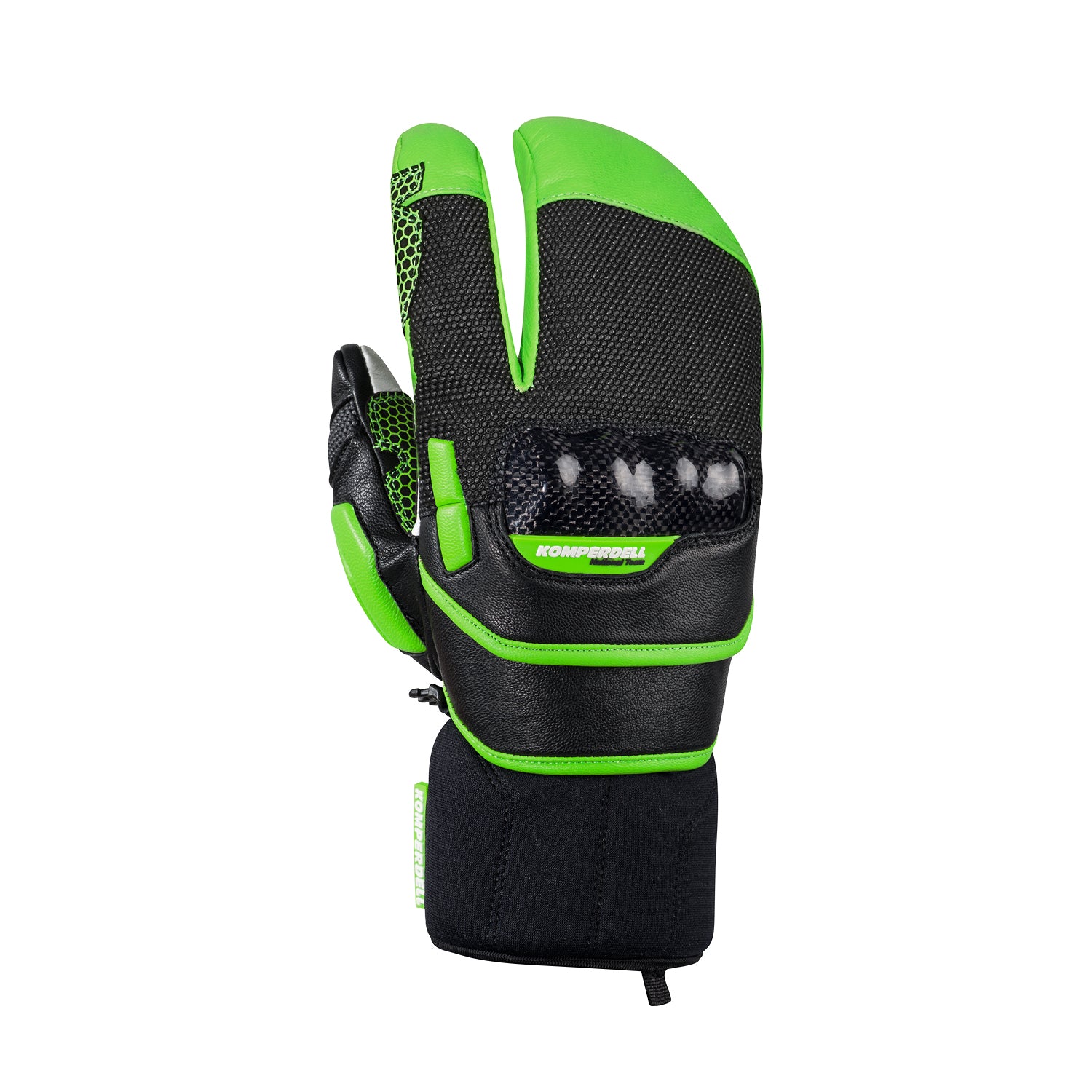 Komperdell Racing Lobster Skihandschuh – Hochwertiger Rennhandschuh in Schwarz und Neongrün mit geteiltem Fingerdesign, stoßfestem Knöchelschutz und griffiger Oberfläche für maximale Kontrolle im alpinen Skirennsport.