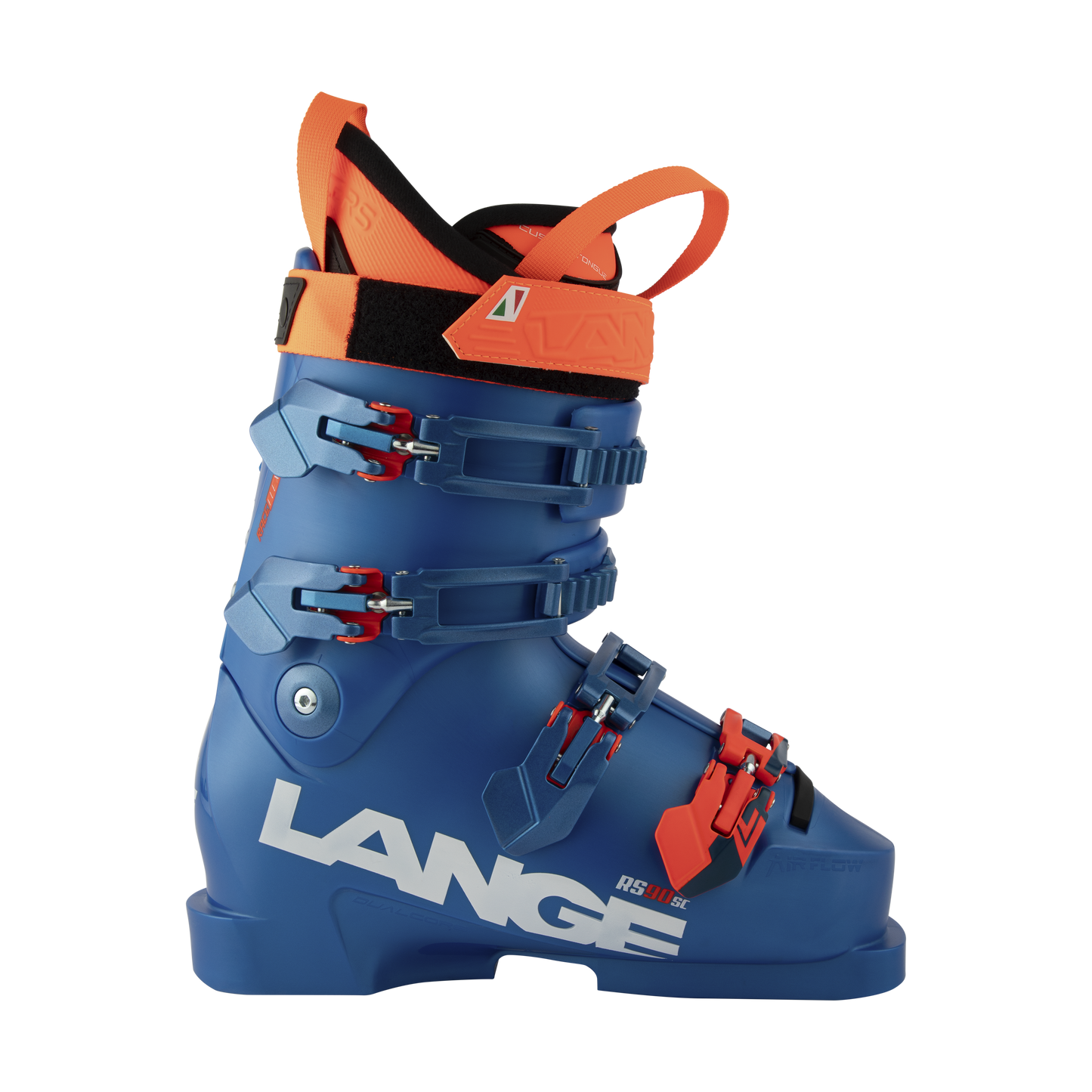Lange RS 90 SC Skischuh für Herren in Blau-Orange – sportlicher Rennskischuh mit Short Cuff für kleinere Athleten, präzise Kraftübertragung und optimaler Sitz