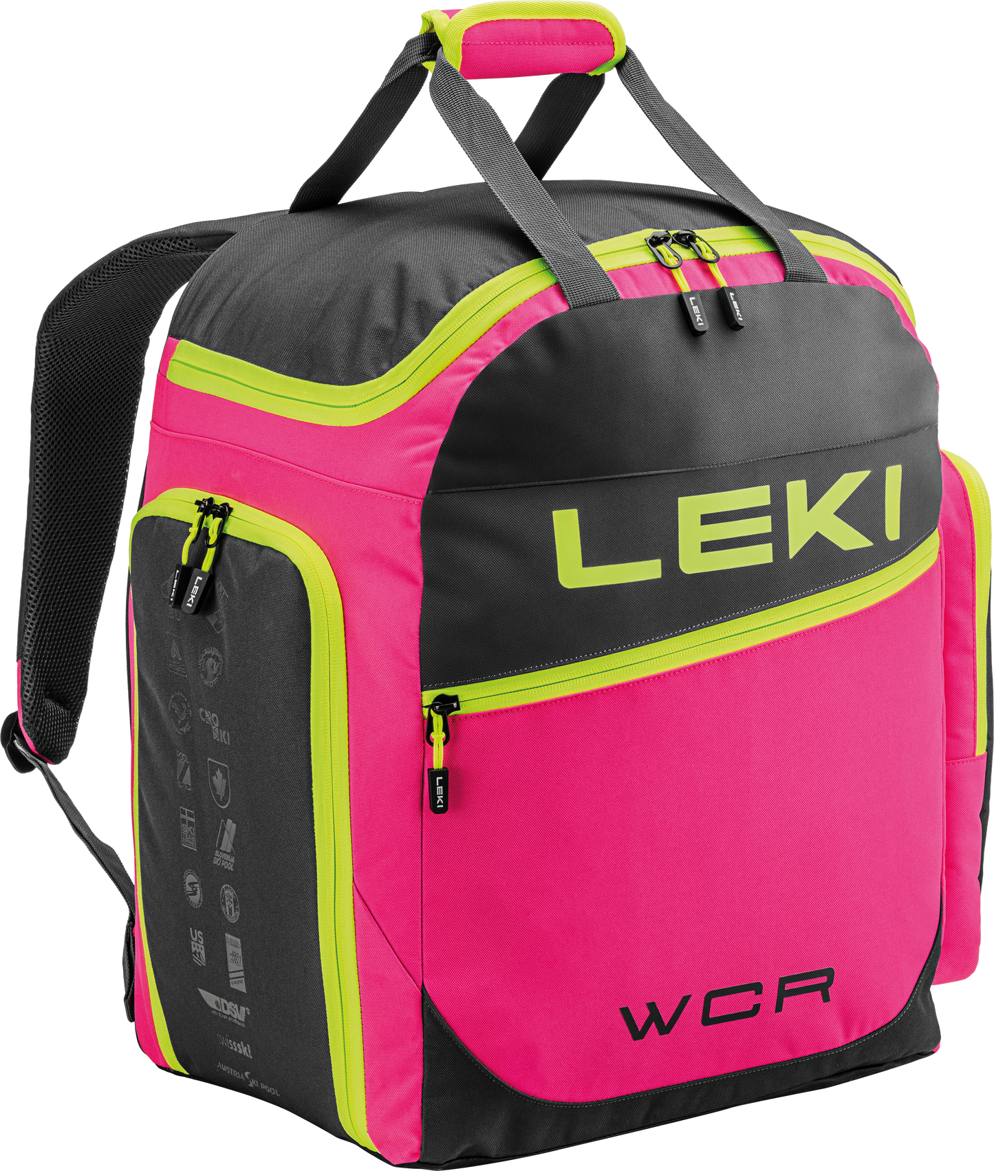 LEKI WCR Skirucksack Pink-Schwarz – kompakter und funktionaler Skirucksack für Rennläufer, mit intelligenten Fächern für Schuhe, Helm und Zubehör, ideal für den alpinen Skisport