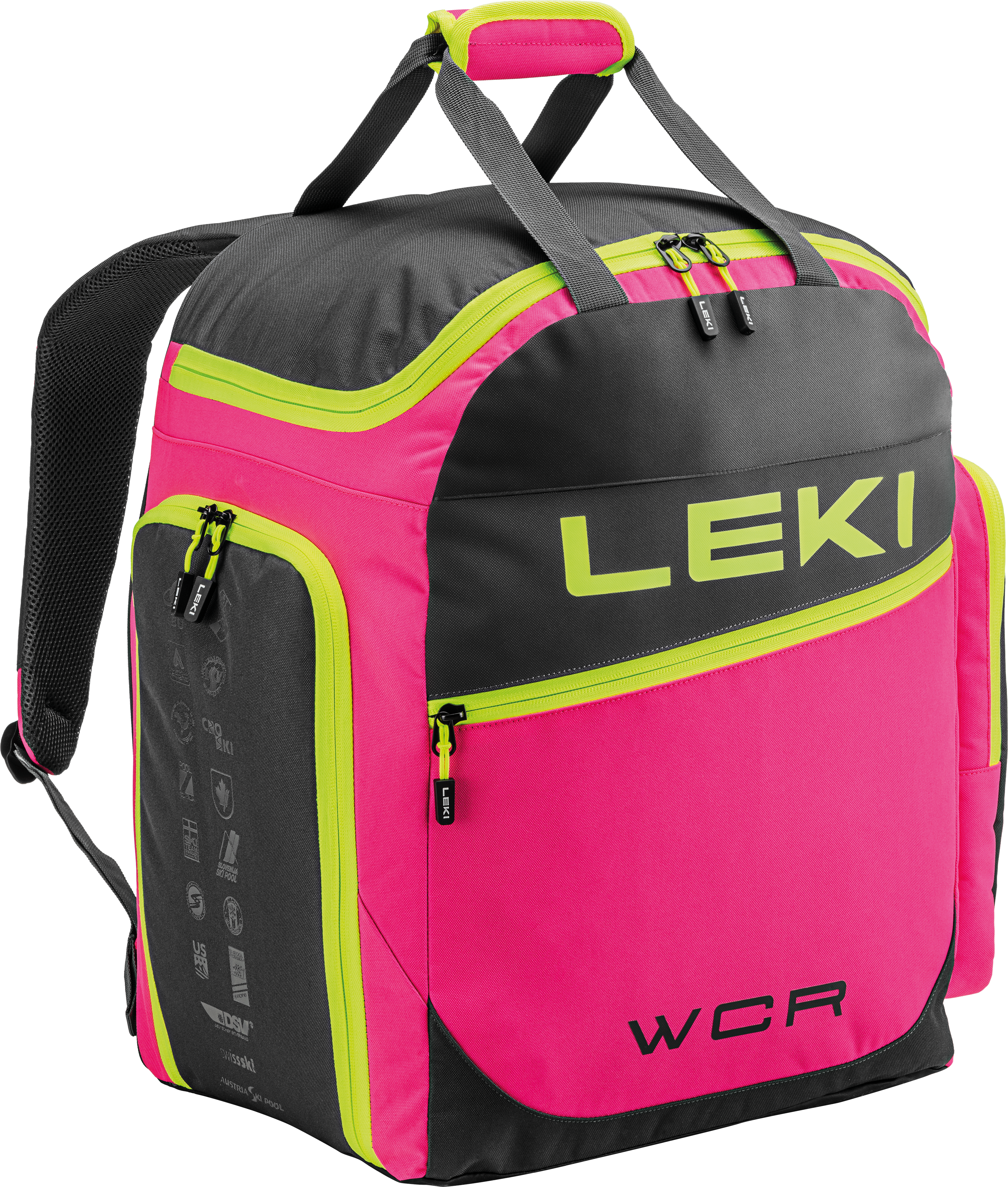 LEKI WCR Skirucksack Pink-Schwarz – kompakter und funktionaler Skirucksack für Rennläufer, mit intelligenten Fächern für Schuhe, Helm und Zubehör, ideal für den alpinen Skisport