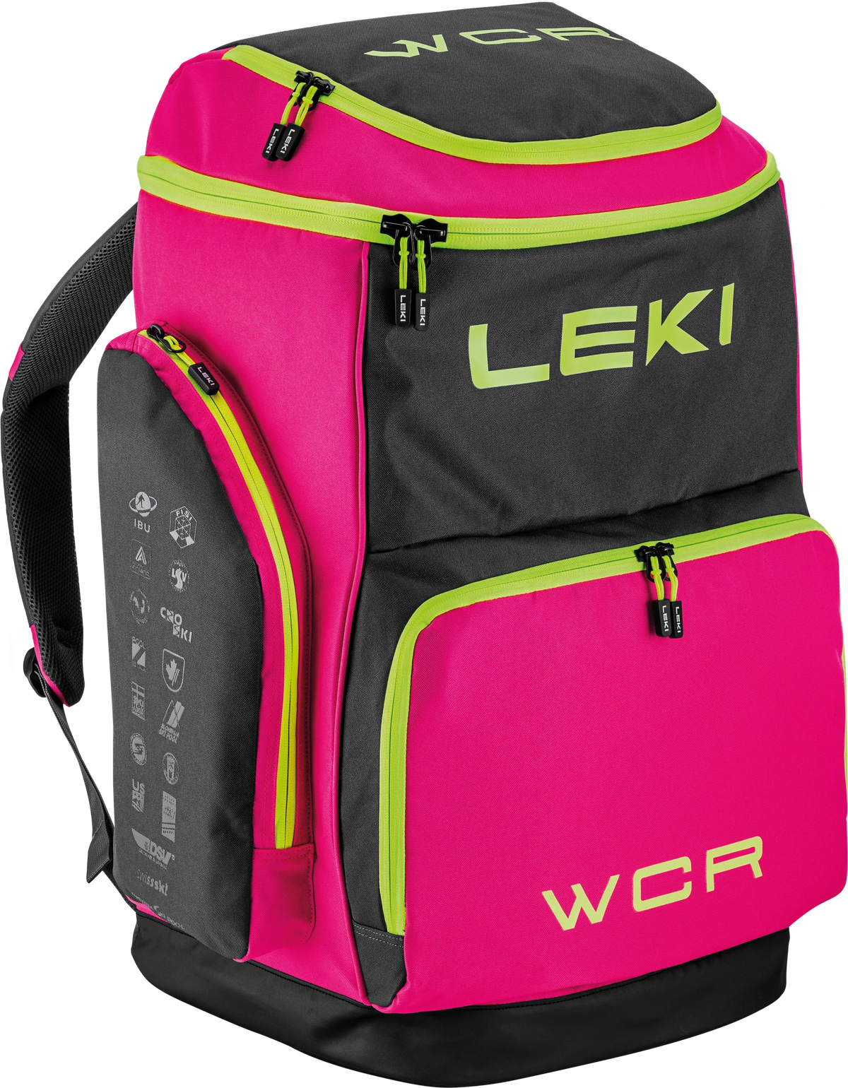 LEKI WCR Team Skirucksack in Pink und Schwarz – geräumiger Race-Rucksack mit mehreren Fächern für Skizubehör, ideal für Skirennläufer, Profis und ambitionierte Athleten