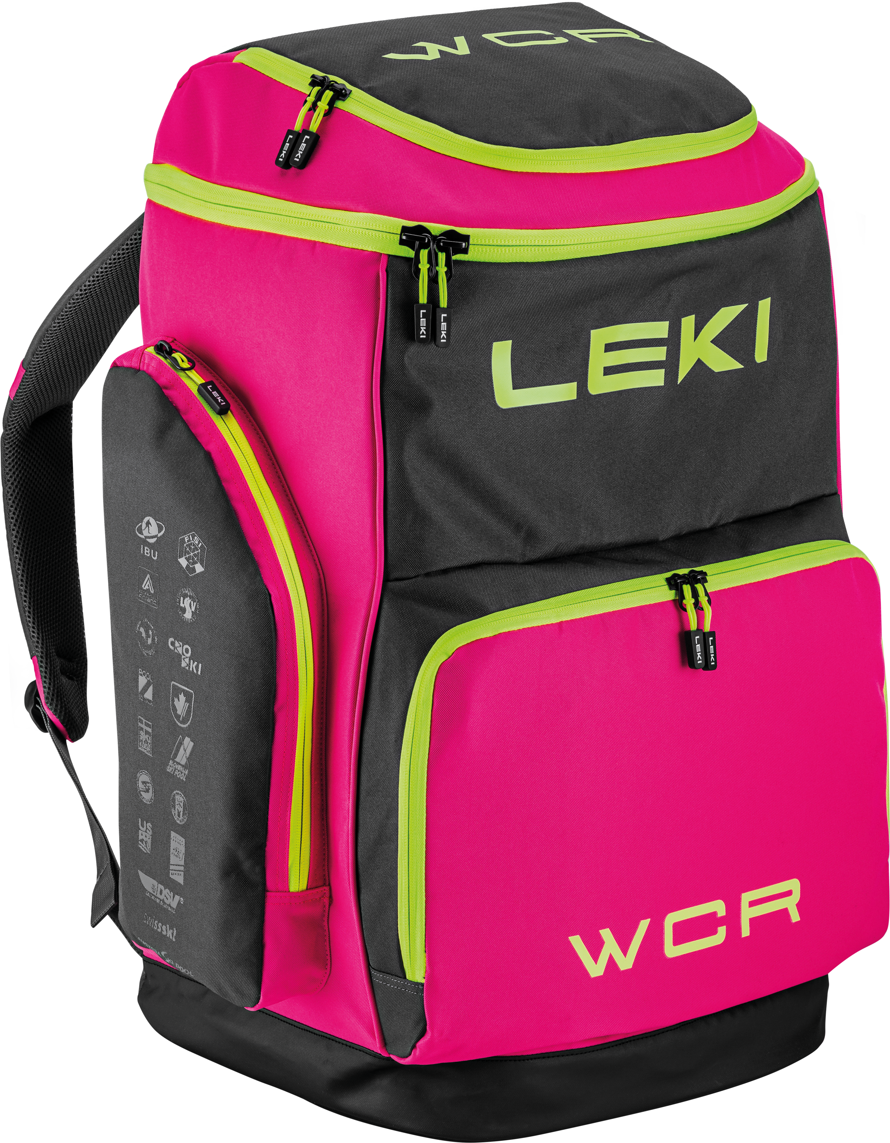 LEKI WCR Team Skirucksack in Pink und Schwarz – geräumiger Race-Rucksack mit mehreren Fächern für Skizubehör, ideal für Skirennläufer, Profis und ambitionierte Athleten
