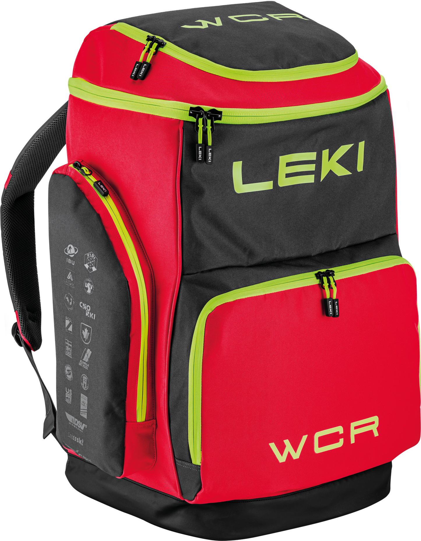 LEKI WCR Team Skirucksack in Rot und Schwarz – robuster und geräumiger Race-Rucksack für Skirennsport, mit mehreren Fächern für Schuhe, Helm und Zubehör, ideal für Profisportler und Rennteams
