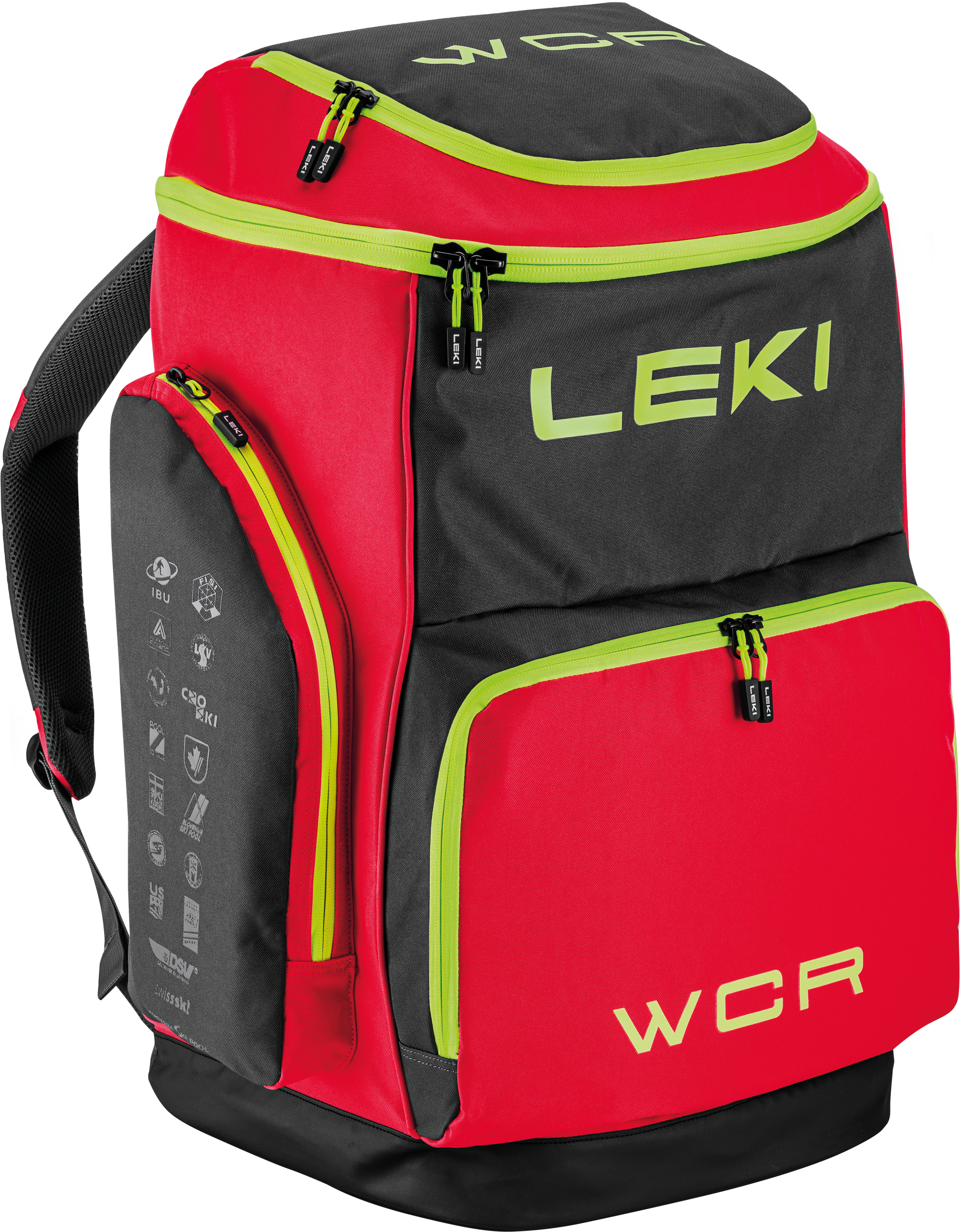 LEKI WCR Team Skirucksack in Rot und Schwarz – robuster und geräumiger Race-Rucksack für Skirennsport, mit mehreren Fächern für Schuhe, Helm und Zubehör, ideal für Profisportler und Rennteams
