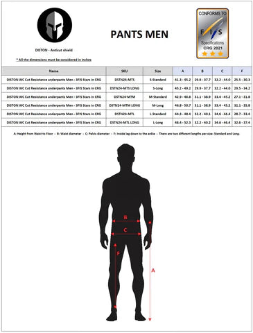 Größentabelle für Diston DISTON WC Schnittfeste Hosen Herren - 4FIS Stars in CRG - CORE / Racing Fit, mit Logo, Zertifizierungsplakette, detaillierter Bund-/Naht-/Außennaht-Tabelle und Silhouette mit Messpunkten für Skirennunterhosen.