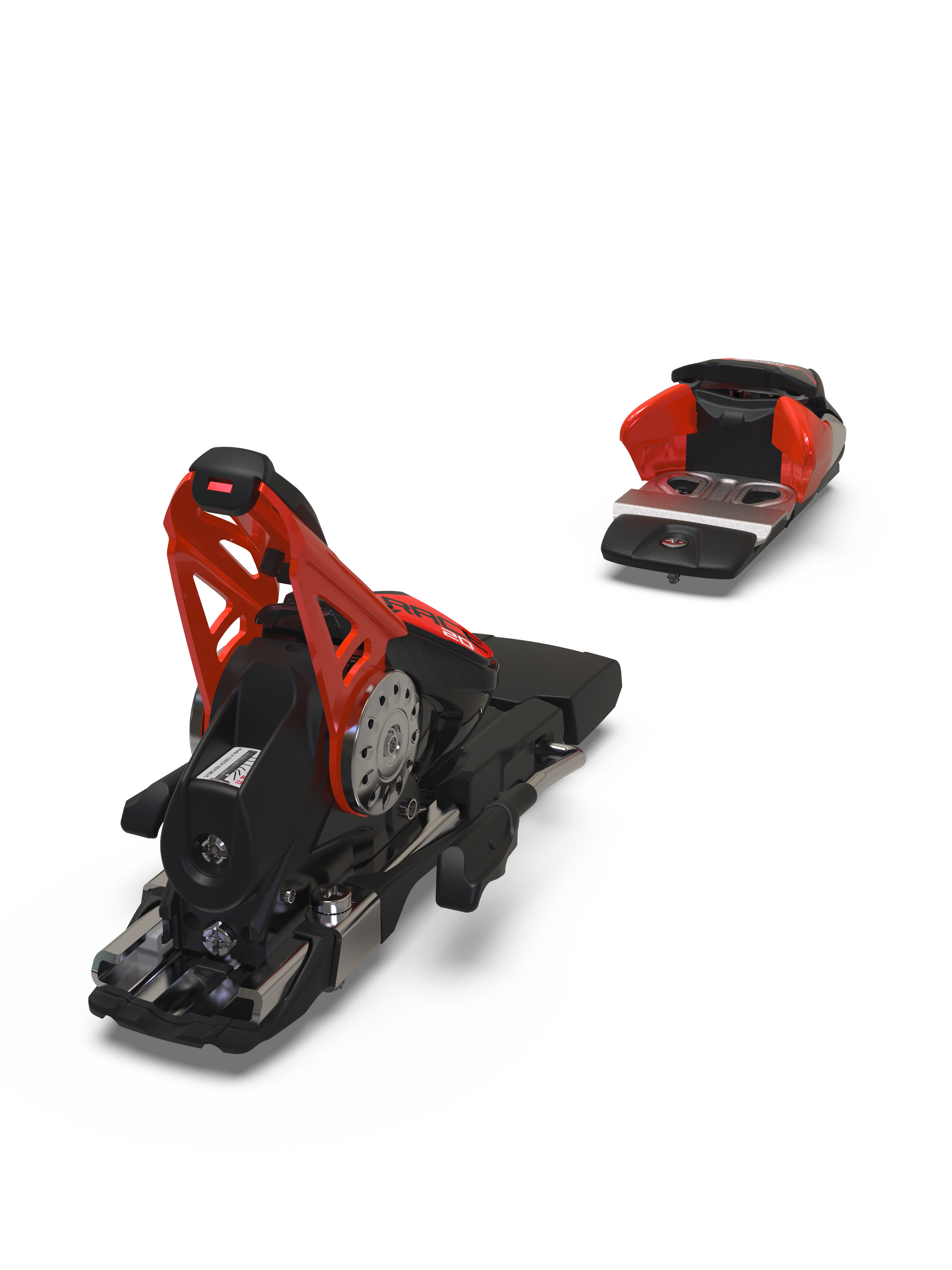 Marker Comp 20 NG Rennbindung – Rückansicht der Hochleistungsbindung in Schwarz/Fluorrot für maximale Kraftübertragung und Kontrolle bei professionellen Skirennen.
