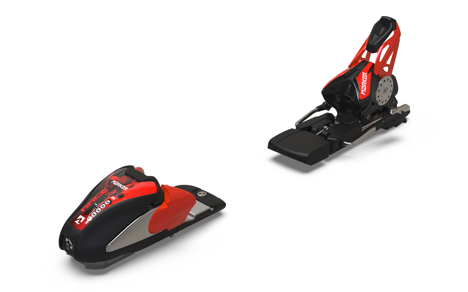 Marker Race Bindung Comp 20 NG in Schwarz/Fluorrot – Hochleistungs-Rennbindung mit maximaler Kraftübertragung und Sicherheit für professionelle Skifahrer.