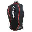 Die Ortema ORTHO-MAX Vest Light ist eine schwarze Mesh-Weste mit rotem Besatz und weißem ORTEMA"-Schriftzug auf dem Rücken, die mit einem Rückenprotektor für Sport und Sicherheit ausgestattet ist (von hinten).