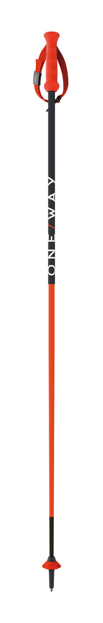 Der One Way RD 16 SL PRO ist ein rot-schwarzer Slalomstock mit gebogenem rotem Griff, Handschlaufe und ONE WAY Branding. Er ist aus einer Carbon/Aramid-Mischung gefertigt, die für Langlebigkeit sorgt und ideal für Hochleistungsrennen ist.
