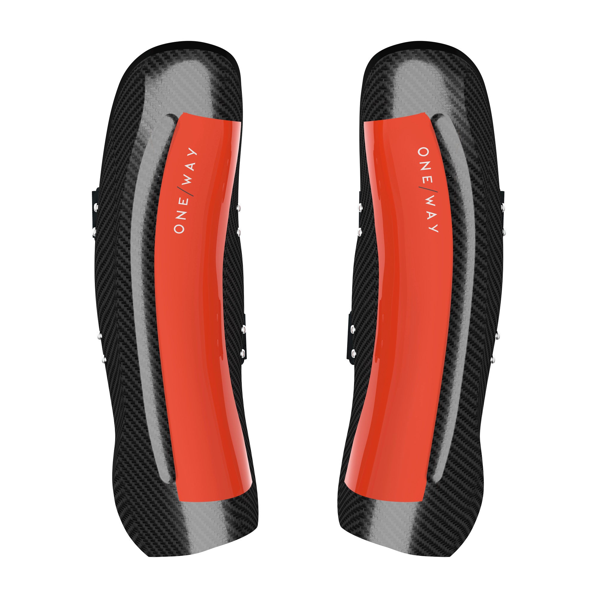 Ein Paar One Way Carbon Shin Guard WC Pro mit einem schwarz-roten Karbonfasermuster und dem Schriftzug "ONE WAY" in Weiß auf dem roten Mittelstreifen auf weißem Hintergrund.