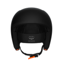 Der von hinten gezeigte schwarze POC Sports Poc Skull Dura X Mips Helm zeichnet sich durch seine gepolsterte Innenausstattung, den verstellbaren Riemen mit orangefarbenem Anhänger, die Kennzeichnung der Größe Medium-Large (55-58), die matte Oberfläche, das moderne Design und den fortschrittlichen MIPS-Integra-Schutz aus.