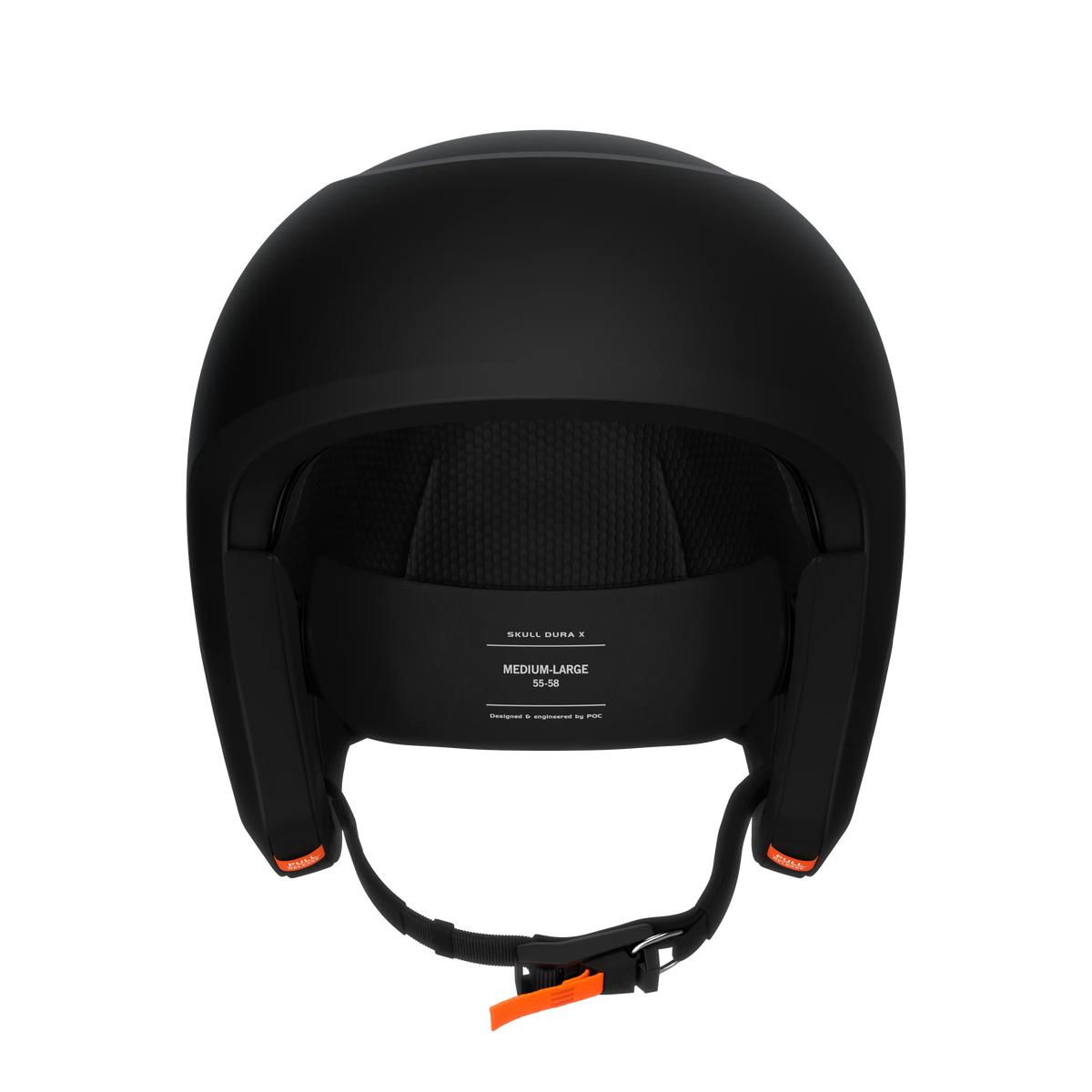 Der von hinten gezeigte schwarze POC Sports Poc Skull Dura X Mips Helm zeichnet sich durch seine gepolsterte Innenausstattung, den verstellbaren Riemen mit orangefarbenem Anhänger, die Kennzeichnung der Größe Medium-Large (55-58), die matte Oberfläche, das moderne Design und den fortschrittlichen MIPS-Integra-Schutz aus.