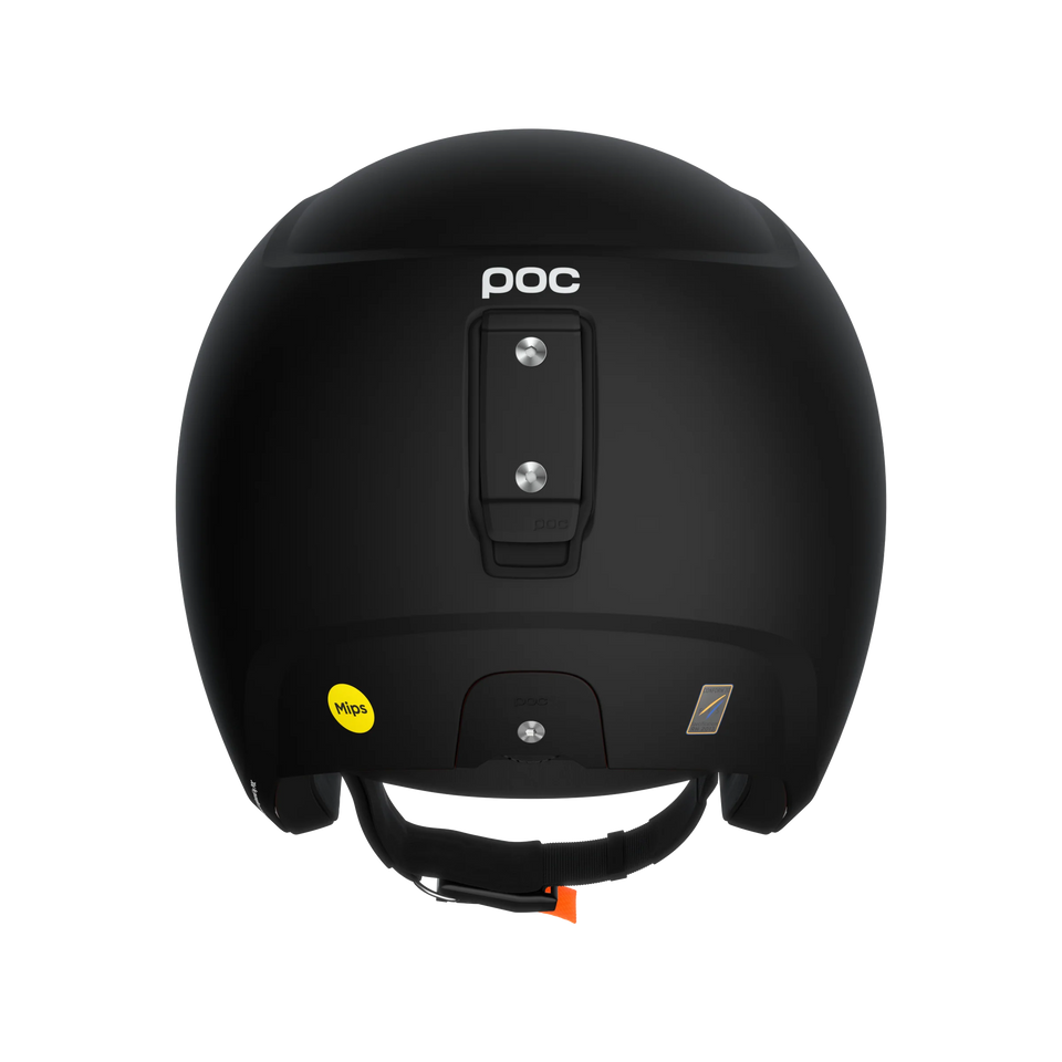 Der schwarze POC Sports Poc Skull Dura X Mips-Helm ist von hinten zu sehen und verfügt über einen gelben MIPS-Sicherheitsaufkleber, eine zentrale Halterung und verstellbare Kinnriemen mit orangefarbener Lasche.