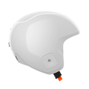 Der POC Sports Poc Skull Dura X Mips ist ein weißer Helm mit glatter, glänzender Oberfläche, seitlicher Belüftung und Metallschraube, sowie einem verstellbaren schwarzen Riemen mit orangefarbenem Clip. Er bietet fortschrittlichen Rotationsaufprallschutz für höchste Sicherheit.