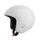 Der POC Sports Poc Skull Dura X Mips ist ein moderner weißer Helm mit glatter Oberfläche, schwarzer Polsterung, orangefarbenem Kinnriemen, belüftetem Paneel für Luftzirkulation und verbessertem Schutz durch MIPS. Abgebildet auf einfarbig weißem Hintergrund.