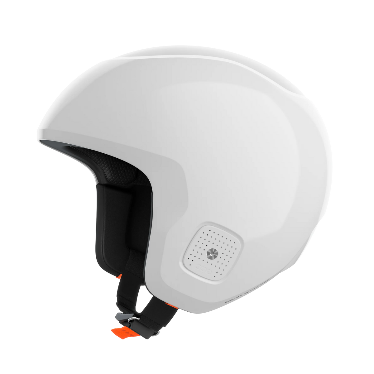 Der POC Sports Poc Skull Dura X Mips ist ein moderner weißer Helm mit glatter Oberfläche, schwarzer Polsterung, orangefarbenem Kinnriemen, belüftetem Paneel für Luftzirkulation und verbessertem Schutz durch MIPS. Abgebildet auf einfarbig weißem Hintergrund.