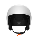 Ein weißer POC Sports Poc Skull Dura X MIPS-Helm, von vorne gesehen, verfügt über eine schwarz gepolsterte Innenausstattung, einen verstellbaren Kinnriemen mit orangefarbenen Details, das Größenetikett Medium-Large (55-58) und einen Rotationsaufprallschutz für zusätzliche Sicherheit.