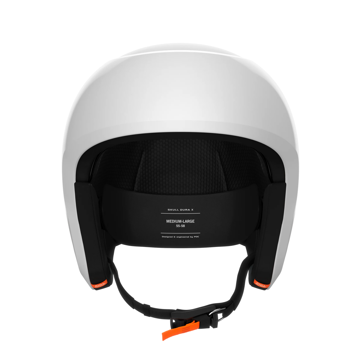 Ein weißer POC Sports Poc Skull Dura X MIPS-Helm, von vorne gesehen, verfügt über eine schwarz gepolsterte Innenausstattung, einen verstellbaren Kinnriemen mit orangefarbenen Details, das Größenetikett Medium-Large (55-58) und einen Rotationsaufprallschutz für zusätzliche Sicherheit.