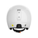 Ein POC Sports Poc Skull Dura X Mips-Helm in Weiß wird von hinten gezeigt, mit einem schwarzen verstellbaren Riemen, einem gelben MIPS-Rotationsschutz-Logoaufkleber und einer zentralen rechteckigen Befestigungsplatte.