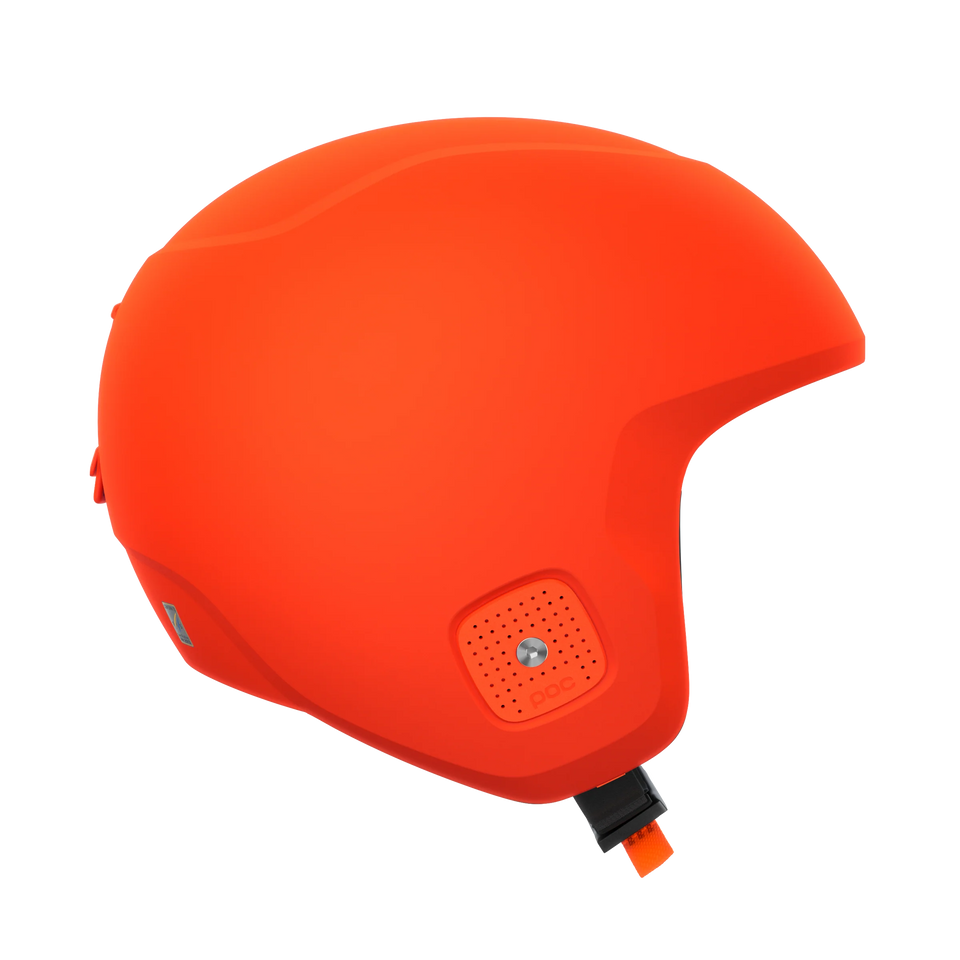 Der POC Sports Poc Skull Dura X Mips Helm verfügt über ein leuchtend orangefarbenes Finish, ein glattes, abgerundetes Design, kleine Belüftungsöffnungen und einen verstellbaren schwarzen Kinnriemen mit orangefarbenen Details. Der Rotationsaufprallschutz erhöht die Sicherheit. Abgebildet auf einfarbig weißem Hintergrund.
