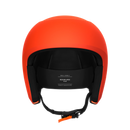 Ein leuchtend orangefarbener POC Sports Poc Skull Dura X Mips Helm wird von vorne gezeigt, mit schwarzer Polsterung, Größenetikett, verstellbarem Kinnriemen mit orangefarbenem Verschluss und fortschrittlichem Rotationsaufprallschutz vor einem schlichten weißen Hintergrund.