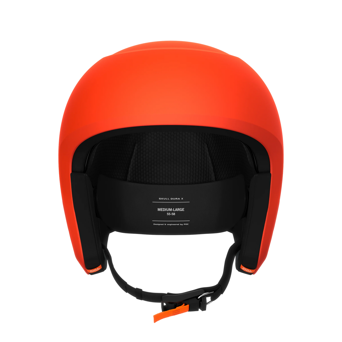 Ein leuchtend orangefarbener POC Sports Poc Skull Dura X Mips Helm wird von vorne gezeigt, mit schwarzer Polsterung, Größenetikett, verstellbarem Kinnriemen mit orangefarbenem Verschluss und fortschrittlichem Rotationsaufprallschutz vor einem schlichten weißen Hintergrund.