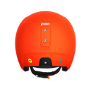 Der POC Sports Poc Skull Dura X Mips Helm in leuchtendem Orange ist von hinten abgebildet und zeigt das MIPS-Logo für den Rotationsaufprallschutz, den verstellbaren Riemen und den Befestigungsschlitz vor einem weißen Hintergrund.