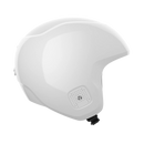Der POC Sports Skull Dura JR ist ein weißer Integralhelm mit glattem Finish und einer quadratischen Belüftungsöffnung in der Nähe des Kinns, in der Seitenansicht auf einfarbigem Hintergrund. FIS RH 2013 zertifiziert für höchste Sicherheitsstandards.
