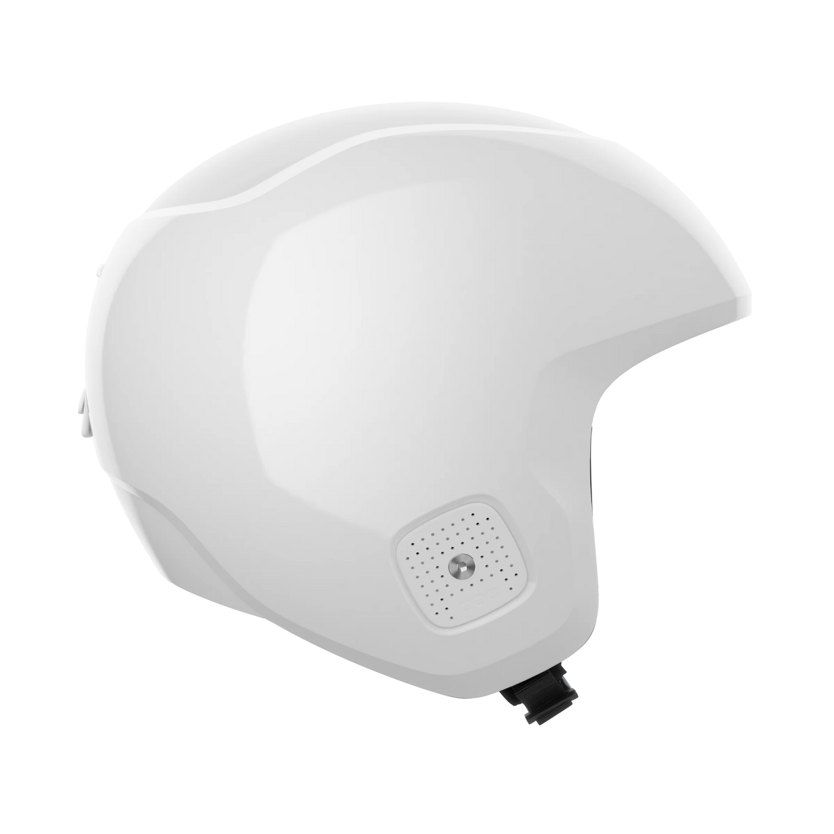 Der POC Sports Skull Dura JR ist ein weißer Integralhelm mit glattem Finish und einer quadratischen Belüftungsöffnung in der Nähe des Kinns, in der Seitenansicht auf einfarbigem Hintergrund. FIS RH 2013 zertifiziert für höchste Sicherheitsstandards.