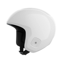 Der POC Sports Skull Dura JR ist ein glänzender weißer Helm mit schwarzer Innenpolsterung und Kinnriemen, kleiner quadratischer Belüftungsöffnung in der Nähe des Ohrs und FIS RH 2013-Zertifizierung, dargestellt von der Seite auf einem schlichten hellen Hintergrund.