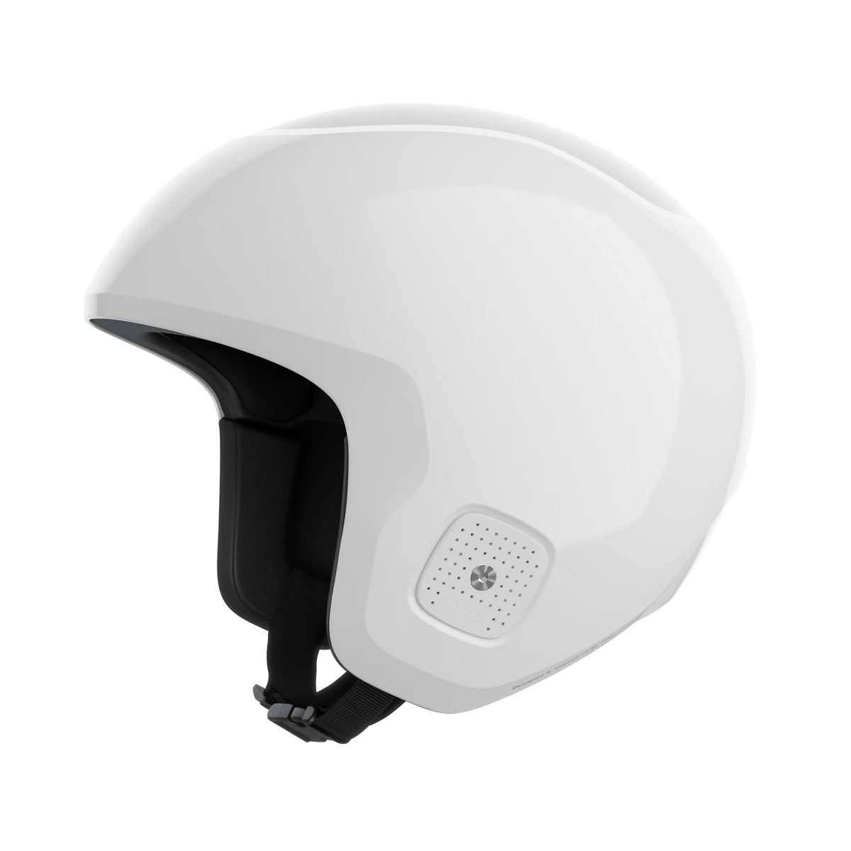 Der POC Sports Skull Dura JR ist ein glänzender weißer Helm mit schwarzer Innenpolsterung und Kinnriemen, kleiner quadratischer Belüftungsöffnung in der Nähe des Ohrs und FIS RH 2013-Zertifizierung, dargestellt von der Seite auf einem schlichten hellen Hintergrund.