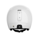 Die Rückansicht des weißen POC Sports Skull Dura JR Helms zeigt einen schwarzen, verstellbaren Kinnriemen, eine rechteckige Halterung und darüber das POC-Logo. Dieser Helm ist FIS RH 2013 zertifiziert und auf einem schlichten weißen Hintergrund abgebildet.