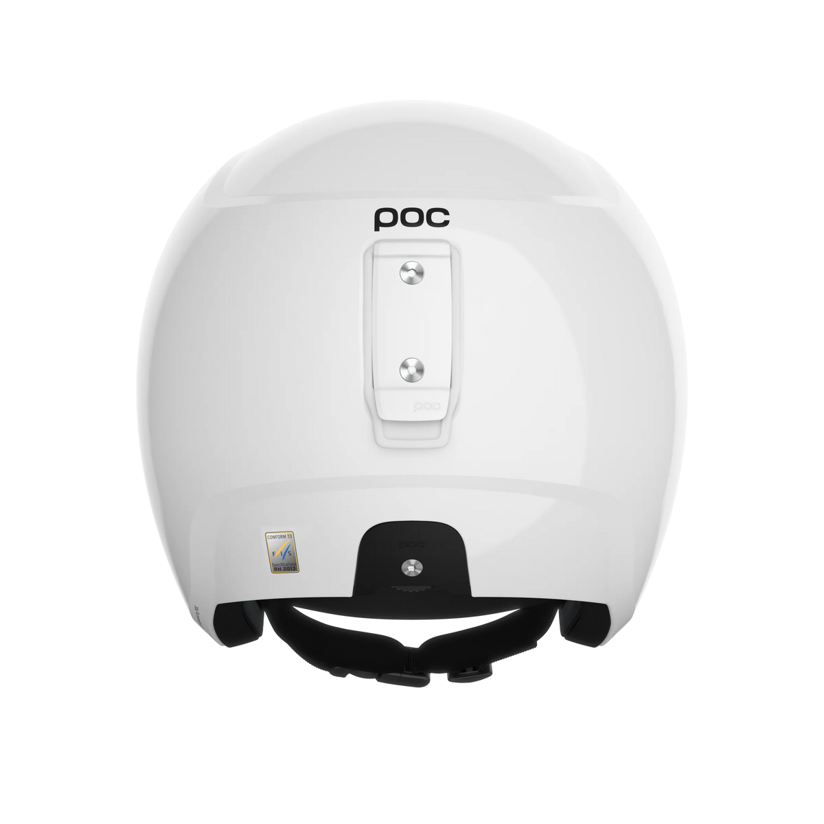 Die Rückansicht des weißen POC Sports Skull Dura JR Helms zeigt einen schwarzen, verstellbaren Kinnriemen, eine rechteckige Halterung und darüber das POC-Logo. Dieser Helm ist FIS RH 2013 zertifiziert und auf einem schlichten weißen Hintergrund abgebildet.