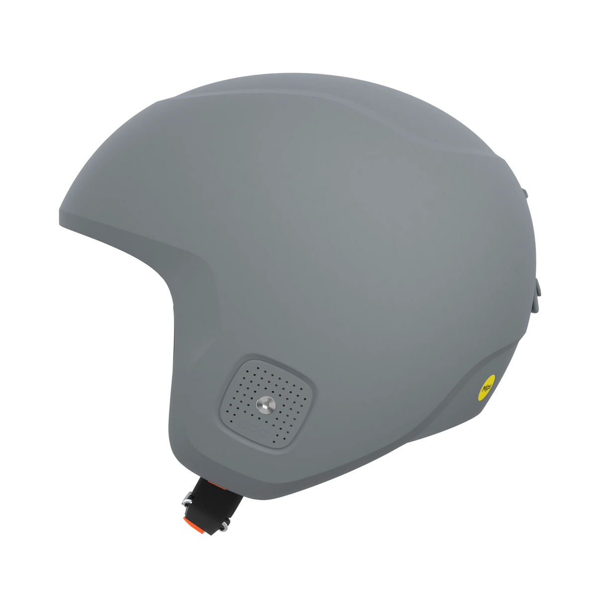 Der POC Sports Poc Skull Dura X MIPS ist ein mattgrauer Skihelm mit einem glatten, abgerundeten Design, seitlichen Belüftungslöchern, einem verstellbaren Kinnriemen mit rotem Clip und einem gelben MIPS-Sicherheitsaufkleber. FIS RH 2013 zertifiziert für höchste Sicherheit.