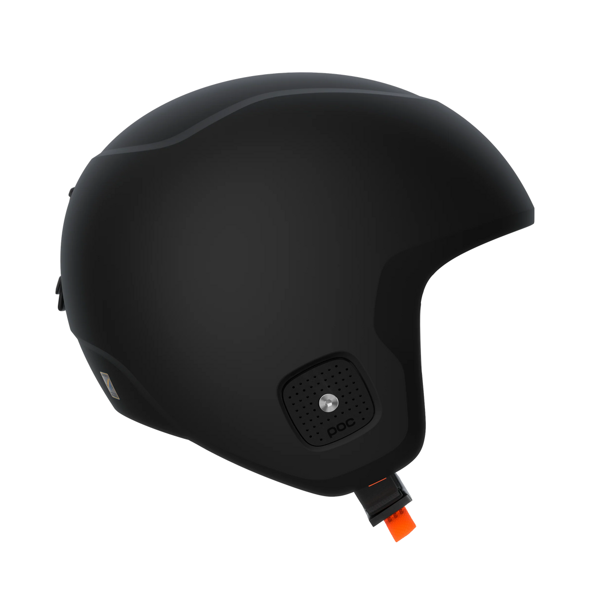 Der POC Sports Poc Skull Dura X Mips ist ein mattschwarzer Ski- und Snowboardhelm mit einem glatten, abgerundeten Design, seitlichen Belüftungsöffnungen, einem orangefarbenen Schnallenriemen und der fortschrittlichen MIPS-Integra-Technologie für höchste Sicherheit.