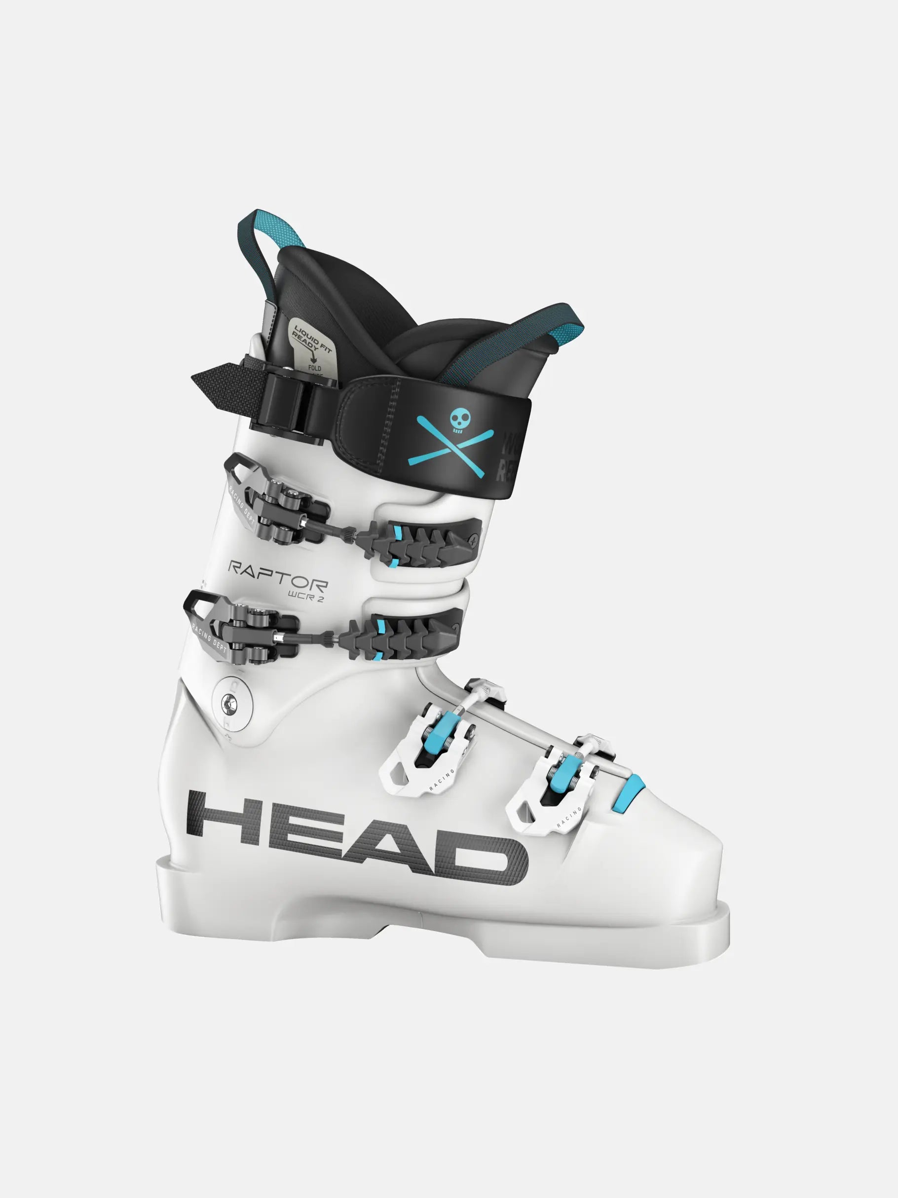 Der Head Raptor WCR 2 RV White 2026/2027 ist ein weißer Race-Performance-Skischuh mit schwarzen und türkisen Akzenten, vier verstellbaren Schnallen, einer schwarzen Manschette mit Totenkopfgrafik und großem HEAD-Branding - ideal für Profisportler.